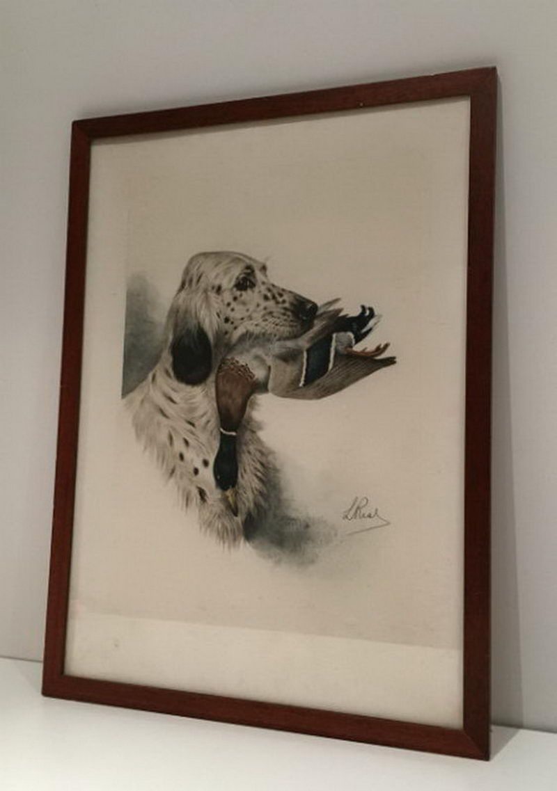 Lithographie d'un Setter Anglais et d'un Canard