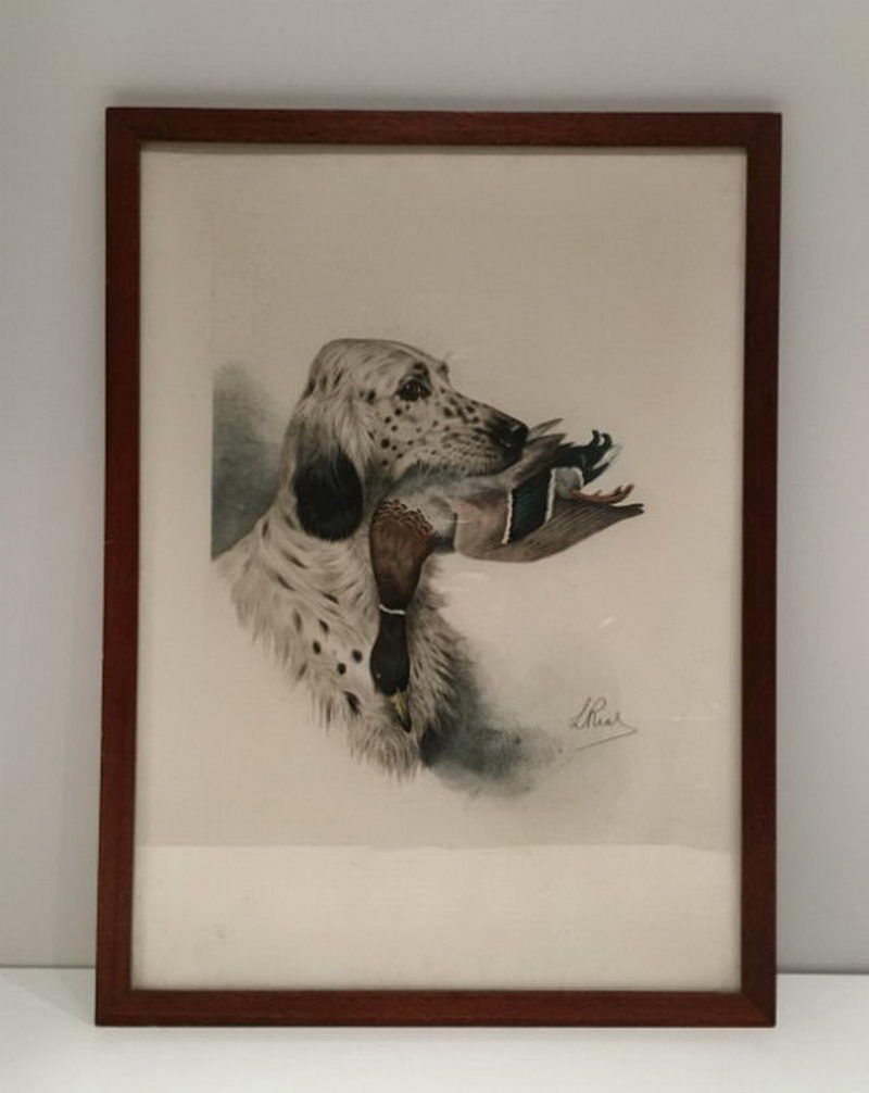 Lithographie d'un Setter Anglais et d'un Canard