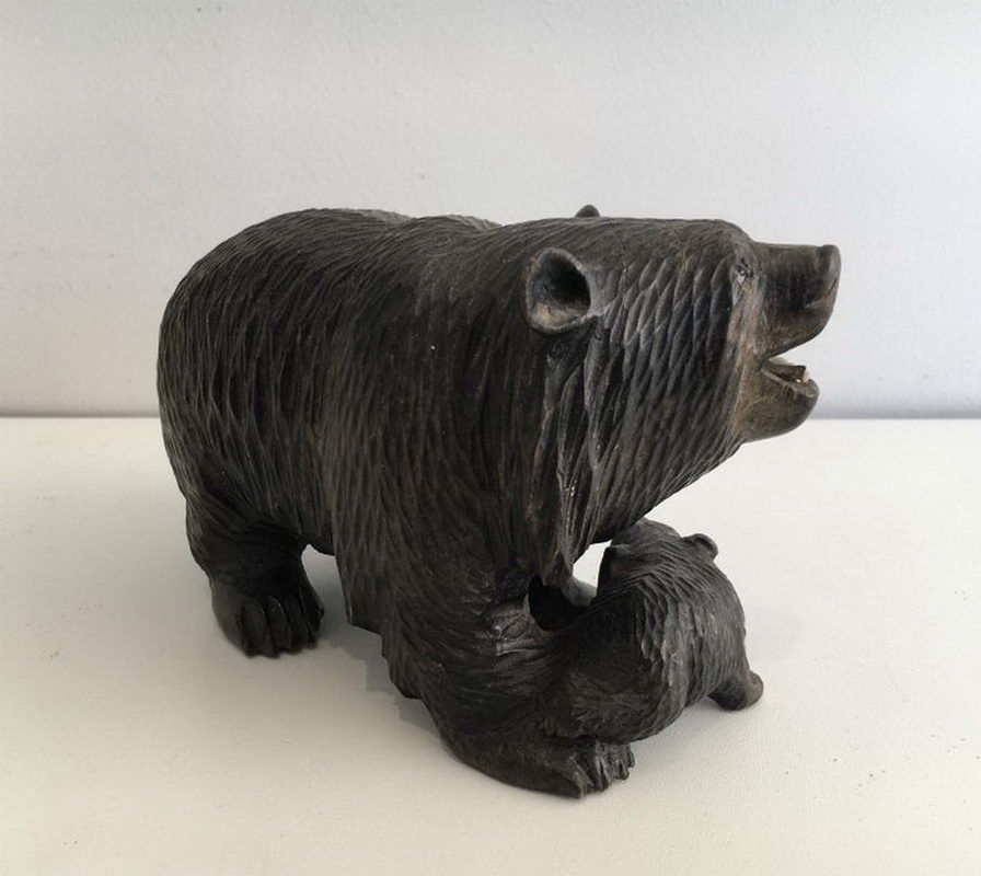 Ours en Bois Sculpté et son Petit. Forêt Noire. 