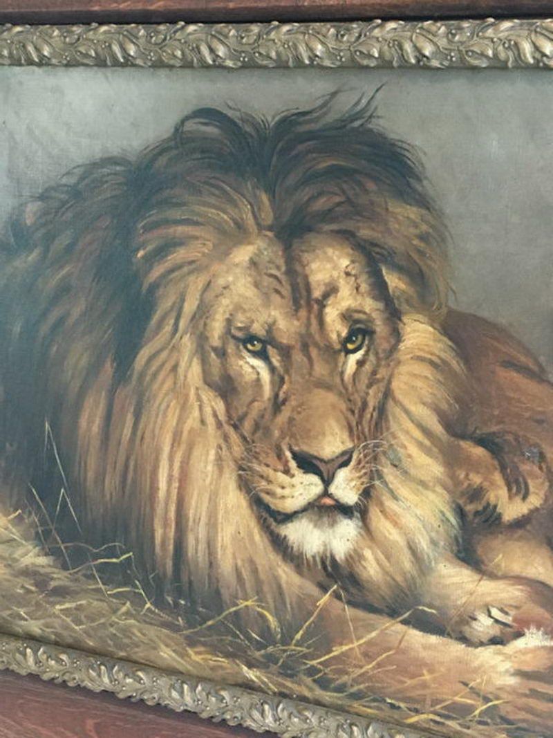 Peinture d'un Lion et d'une Lionne. Geza Vastagh (1866-1919)