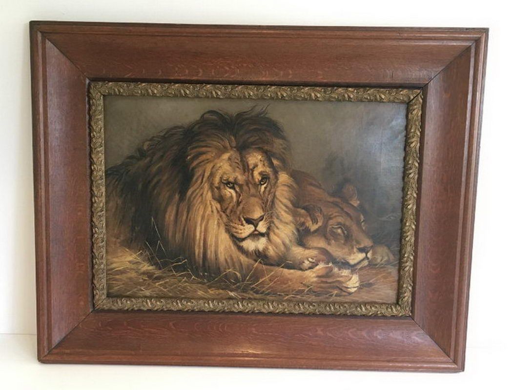 Peinture d'un Lion et d'une Lionne. Geza Vastagh (1866-1919)