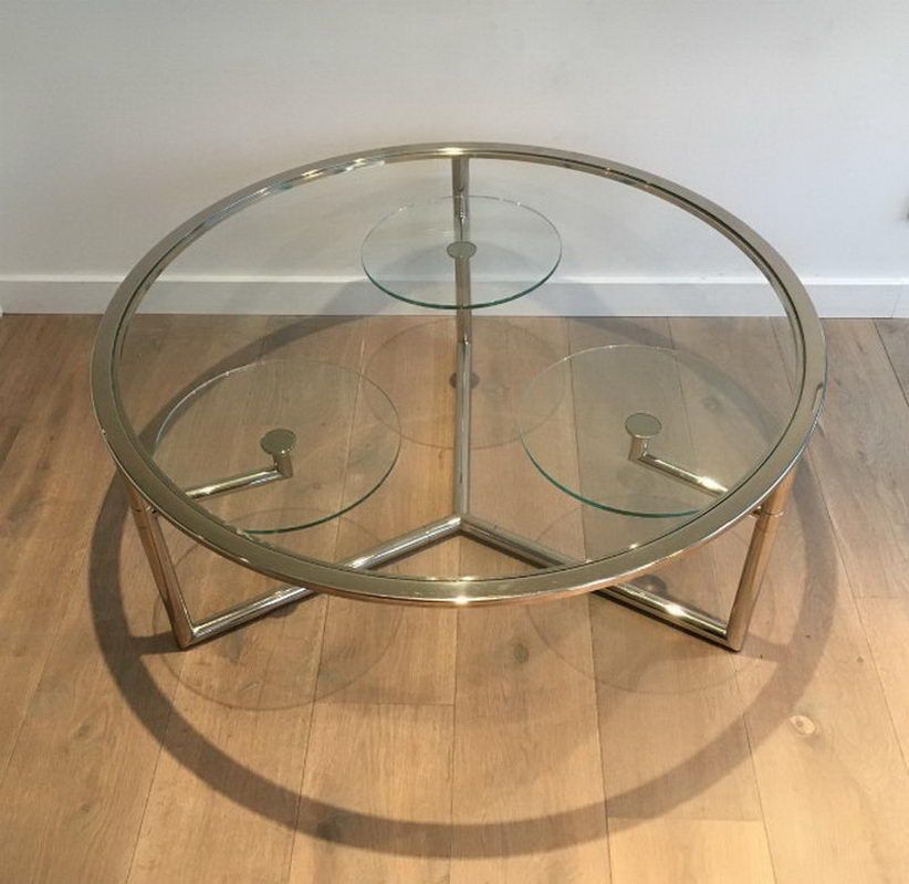 Belle et Rare Table Basse Ronde à Plateaux de Verres Amovibles