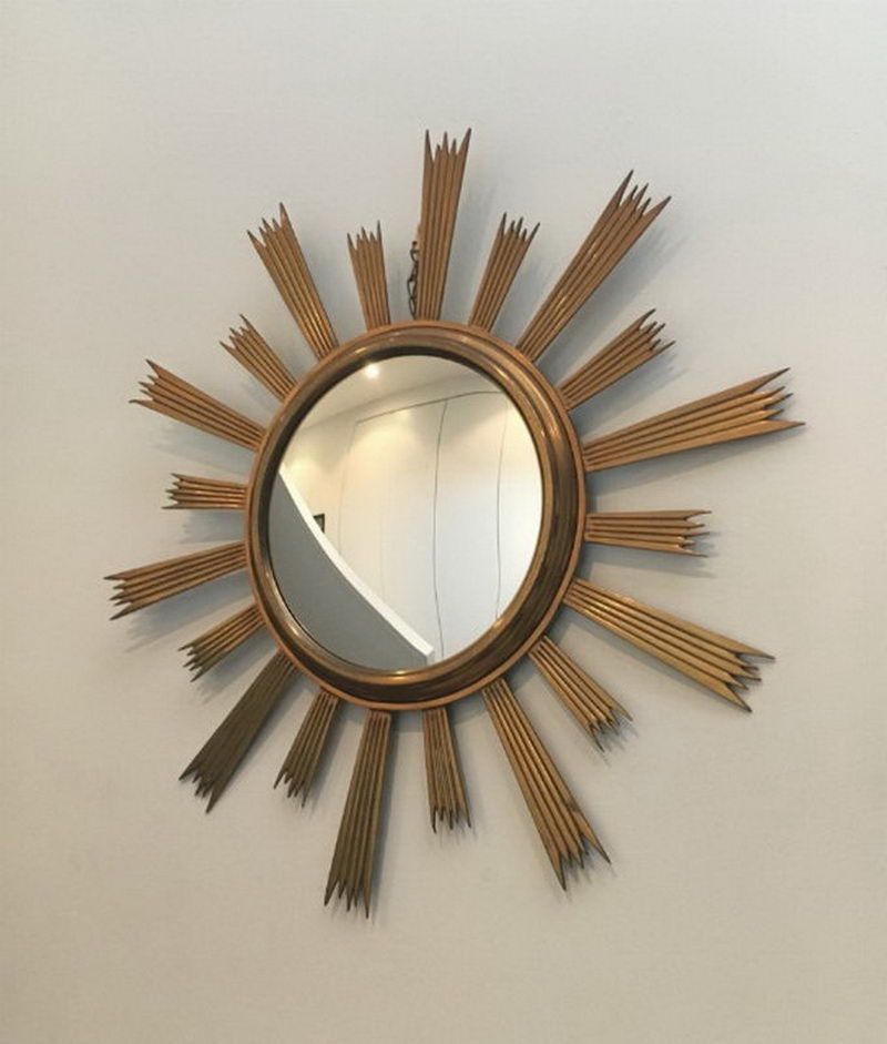 Rare Miroir Soleil en Laiton Doré