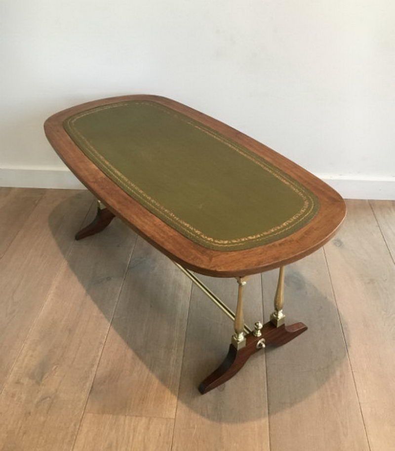 Table Basse Néoclassique en Bois, Laiton et Cuir