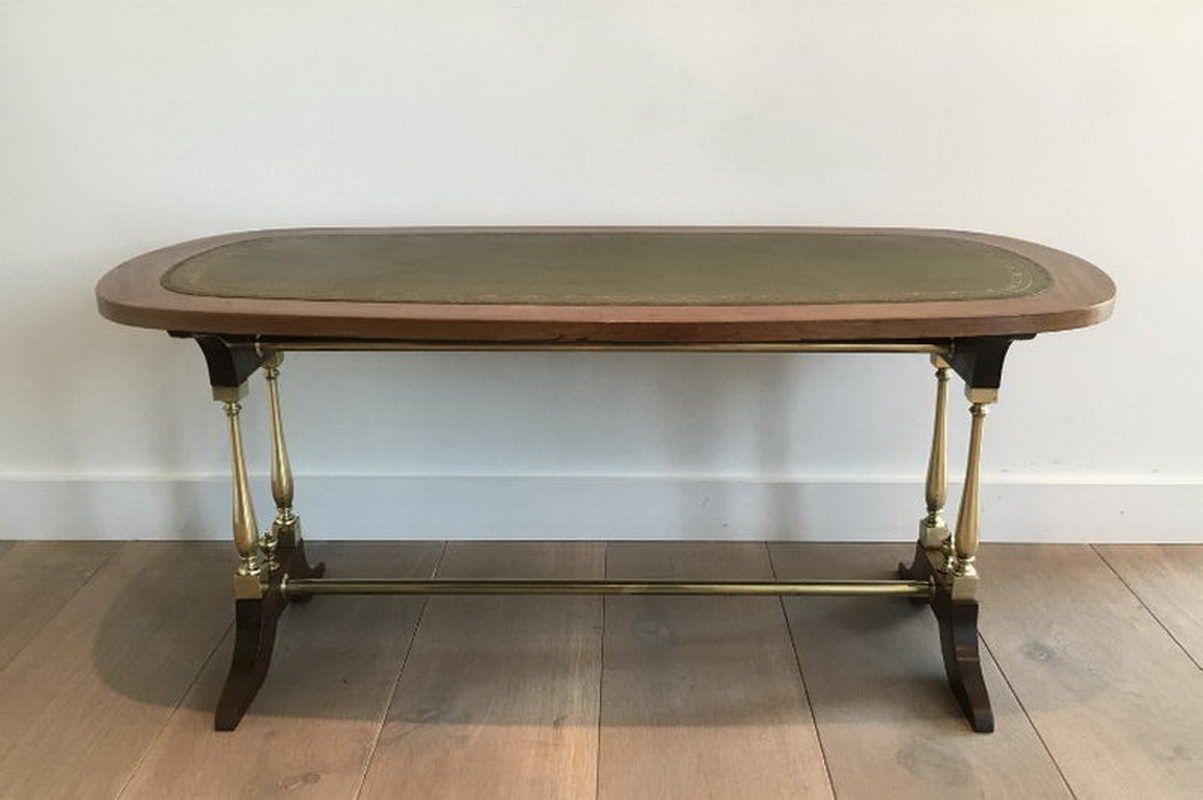 Table Basse Néoclassique en Bois, Laiton et Cuir