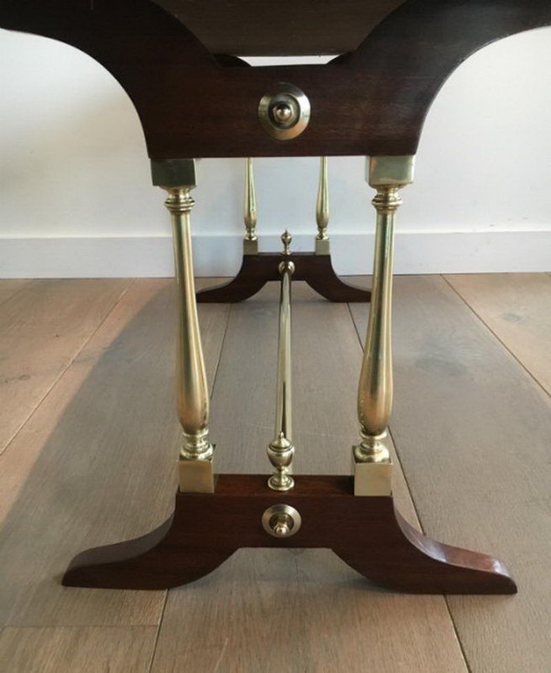 Table Basse Néoclassique en Bois, Laiton et Cuir