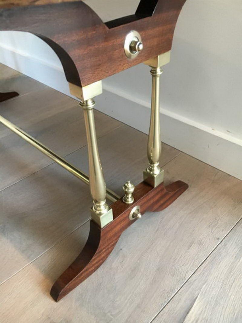 Table Basse Néoclassique en Bois, Laiton et Cuir