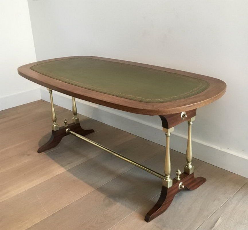 Table Basse Néoclassique en Bois, Laiton et Cuir