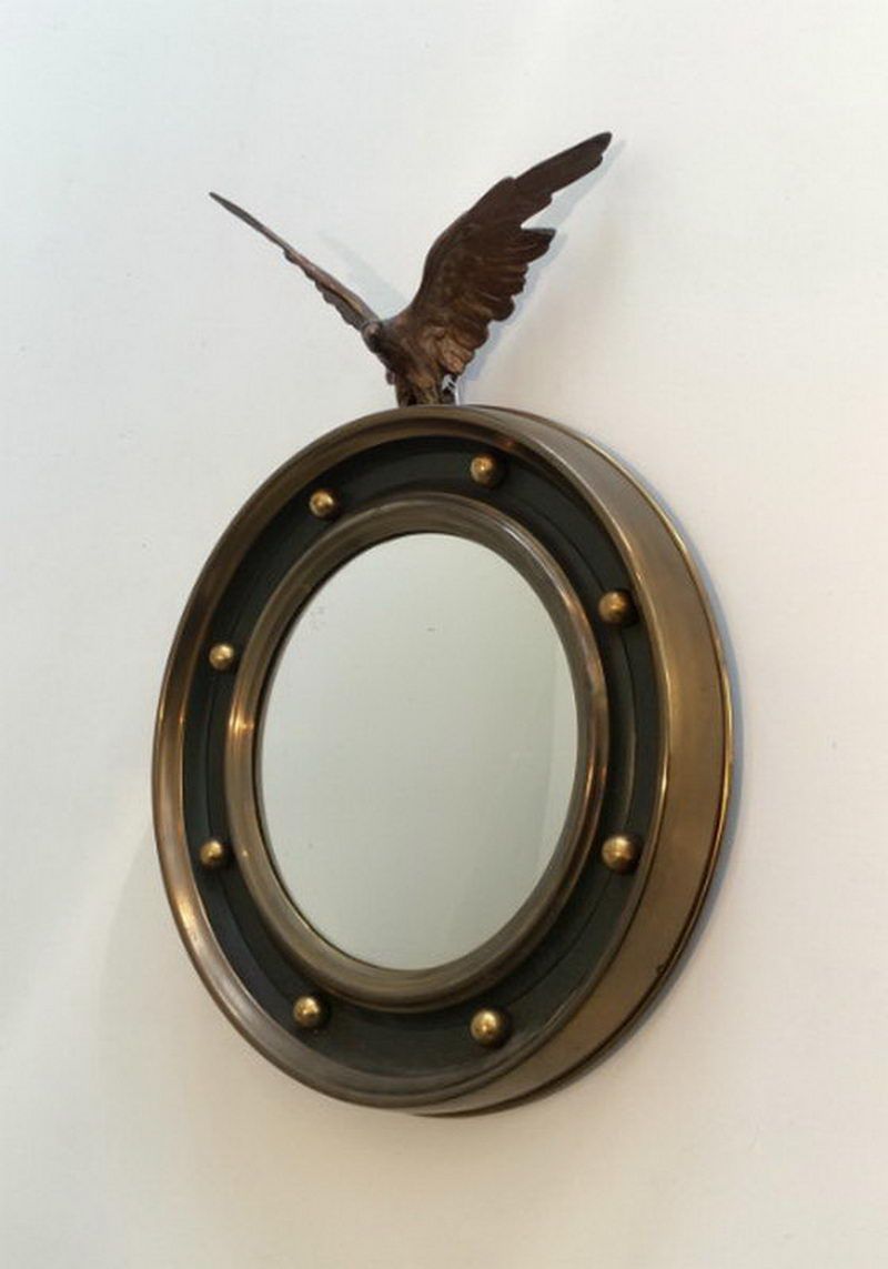 Petit Miroir Rond de Style Empire en Laiton et Bronze