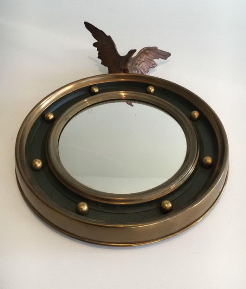 Petit Miroir Rond de Style Empire en Laiton et Bronze