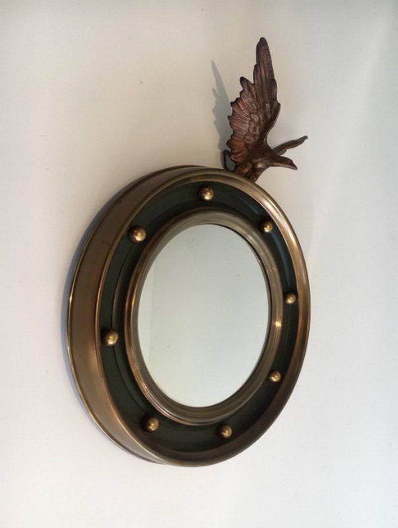 Petit Miroir Rond de Style Empire en Laiton et Bronze