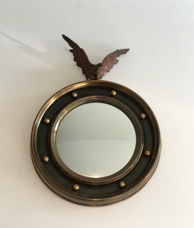 Petit Miroir Rond de Style Empire en Laiton et Bronze