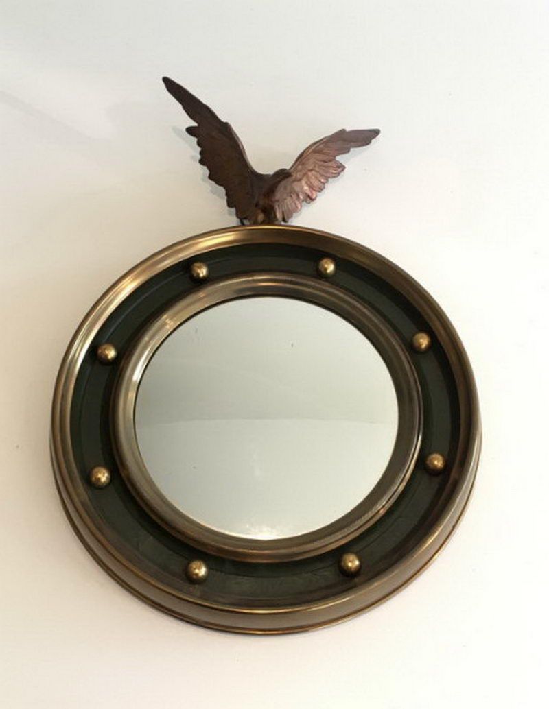 Petit Miroir Rond de Style Empire en Laiton et Bronze