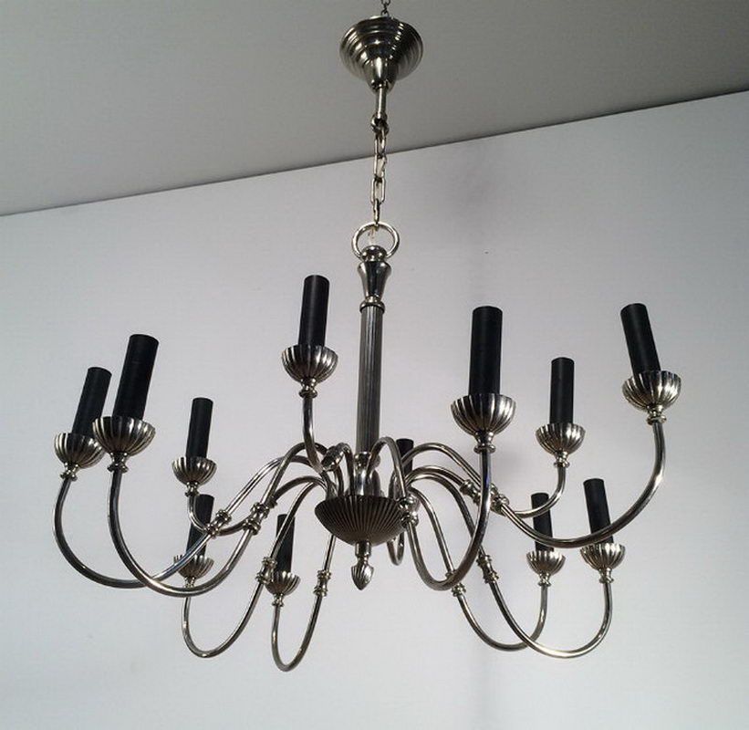 Lustre de Style Néoclassique en Métal Argenté à 12 Bras de Lumière