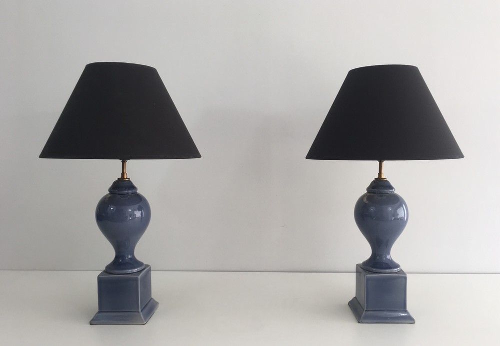 Paire de Lampes Balustres en Céramique Bleue