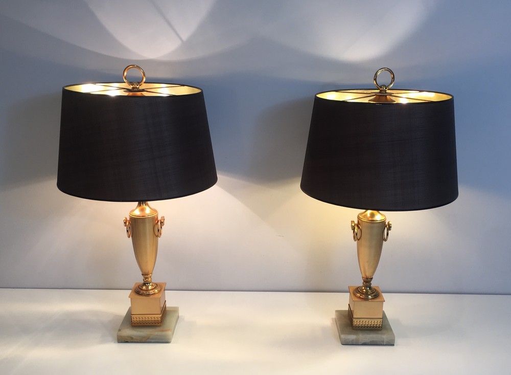 Paire de Lampes Dorées de Style Néoclassique sur Socle d'Onyx