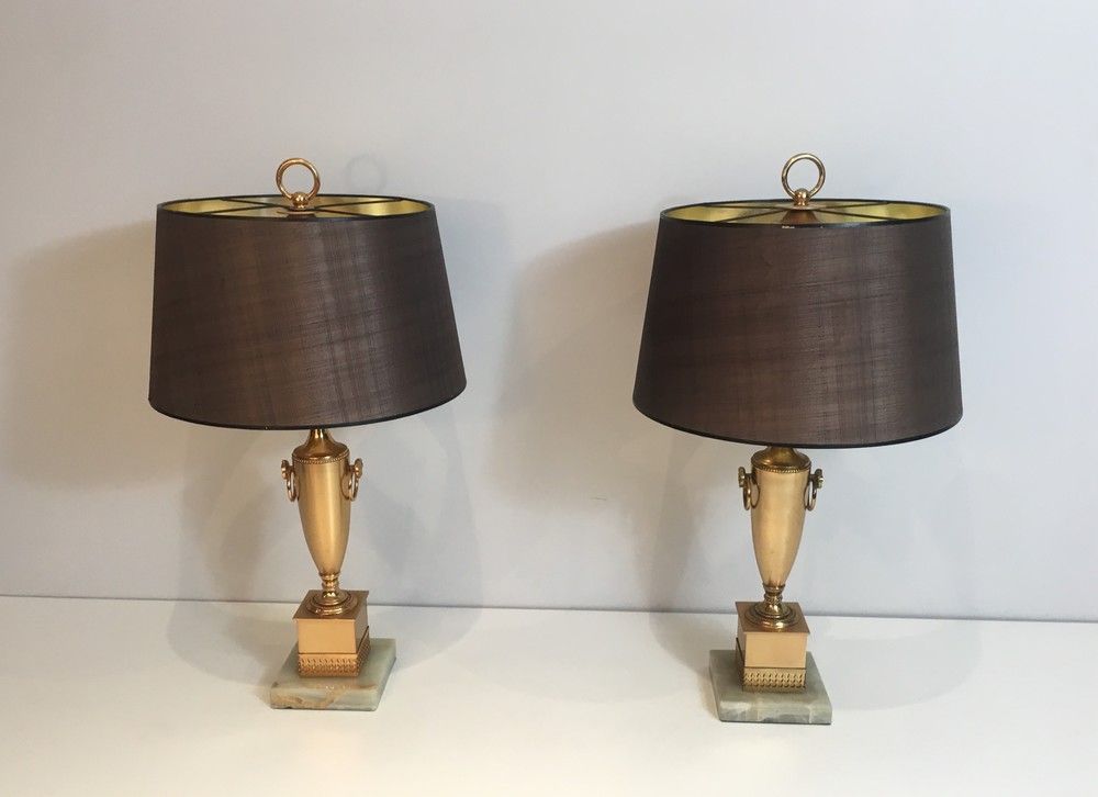 Paire de Lampes Dorées de Style Néoclassique sur Socle d'Onyx