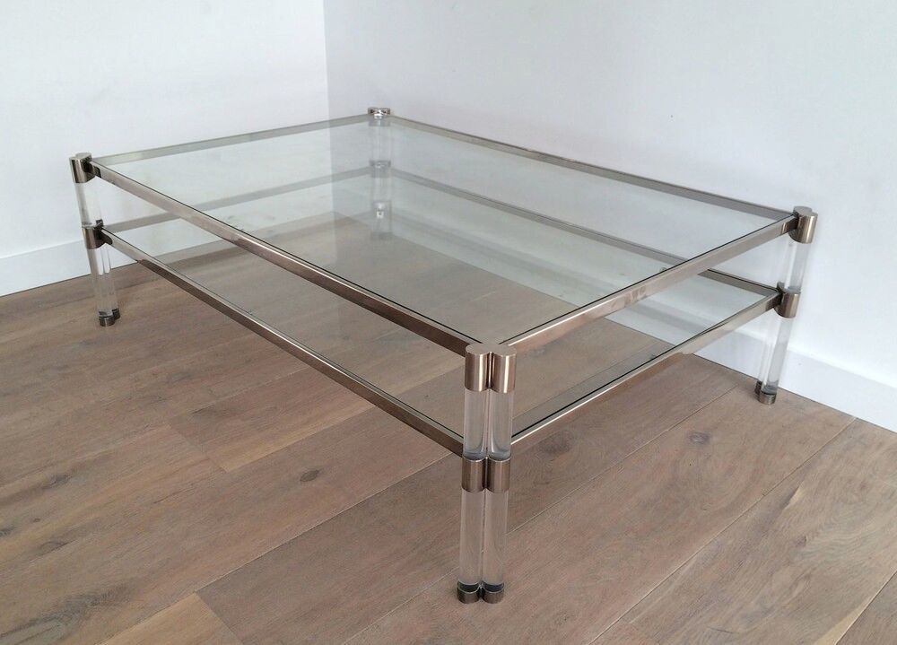 Grande Table Basse en Plexiglass et Chrome à Double Plateau de Verre