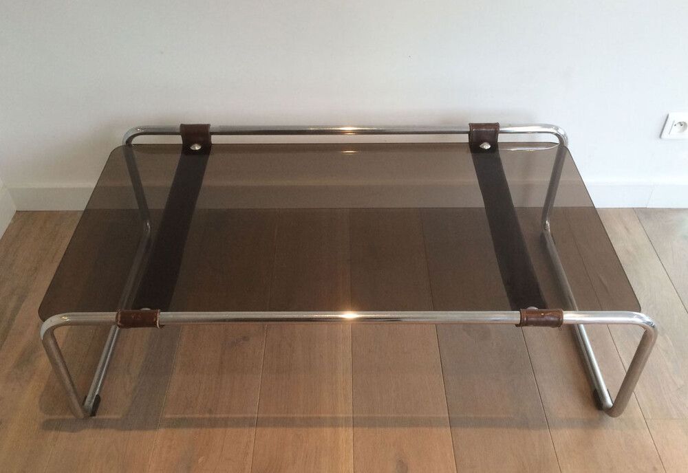 Table Basse en Chrome, Cuir et Verre fumé