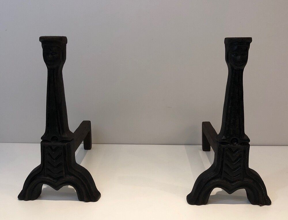 Pair of Gothic Style Cast Iron Andirons