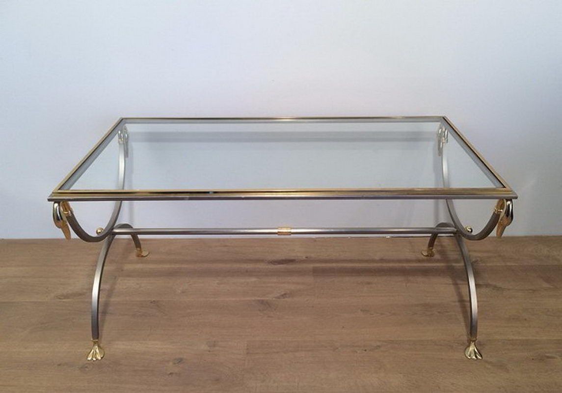 Brushed Steel and Brass Swan Coffee Table by Maison Jansen