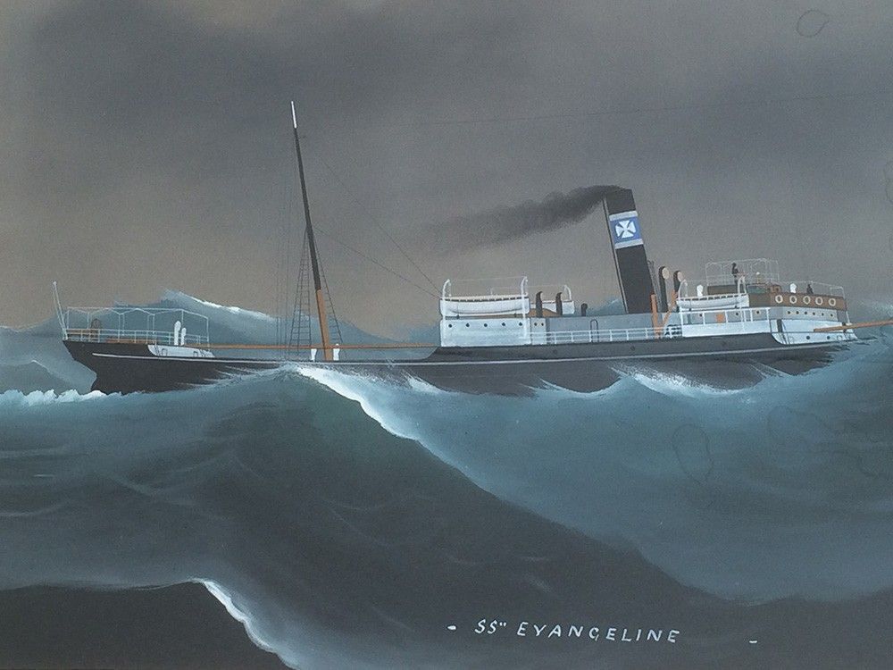 Aquarelle Représentant un Navire naviguant. SS Evangeline (Signé)