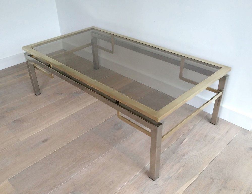 Table Basse en Acier Brossé et Laiton de Guy Lefèvre pour la Maison Jansen