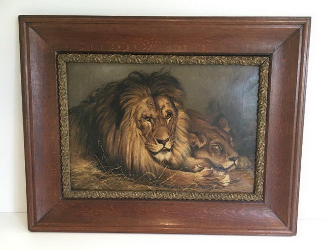 Peinture d'un Lion et d'une Lionne. Geza Vastagh (1866-1919)
